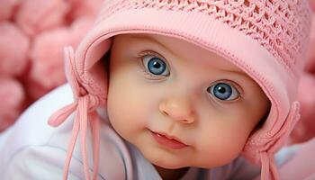 ai generado linda bebé niña sonriente, inocencia en su ojos generado por ai foto