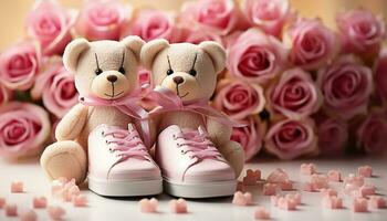 AI generated Cute baby with pink flower in adorable shoe generated by AI photo