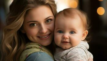 ai generado sonriente madre abrazando linda bebé, amor y felicidad generado por ai foto