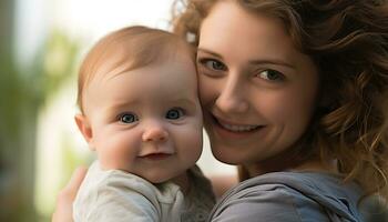 ai generado sonriente madre abraza linda bebé, radiante felicidad generado por ai foto