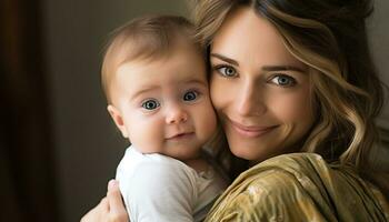 ai generado sonriente madre abraza linda bebé, radiante amor generado por ai foto