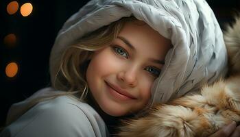 ai generado sonriente retrato de linda caucásico niña en invierno generado por ai foto