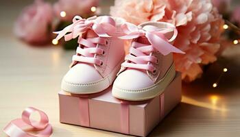 ai generado bebé zapato, rosado regalo, linda decoración, Moda madera generado por ai foto
