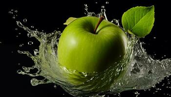 AI generated Freshness splashing, wet apple, liquid wave, healthy eating generated by AI photo