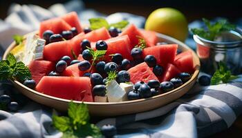 AI generated Fresh watermelon and blueberry salad on wooden table generated by AI photo