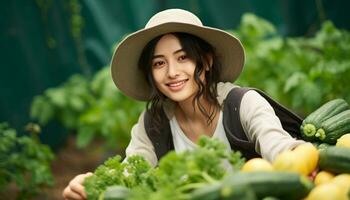 AI generated Smiling woman enjoys fresh organic vegetables outdoors generated by AI photo