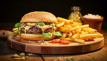 AI generated Grilled beef burger with cheese, fries, and tomato generated by AI photo