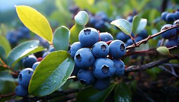 AI generated Fresh blueberries on a green branch in nature generated by AI photo