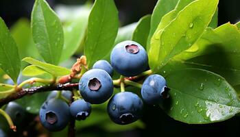 AI generated Fresh blueberries on a green plant in nature generated by AI photo