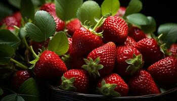 ai generado Fresco fresa Fruta en de madera mesa, sano postre generado por ai foto