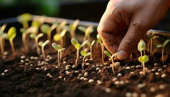 AI generated Hand holding seedling, symbolizing new life and growth generated by AI photo