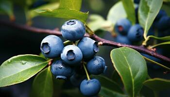 AI generated Fresh blueberries on a branch in a green forest generated by AI photo