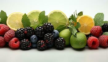 AI generated Freshness of nature bounty  raspberry, lemon, lime, blueberry generated by AI photo
