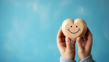 AI generated Smiling hand holds blue heart, symbolizing love generated by AI photo