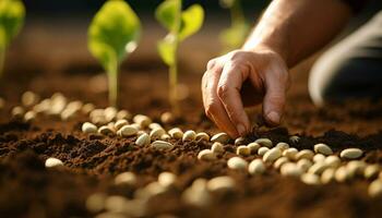 ai generado hombre participación planta de semillero, plantando nuevo vida en naturaleza generado por ai foto