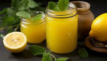 AI generated Freshness of lemonade on a rustic wooden table generated by AI photo