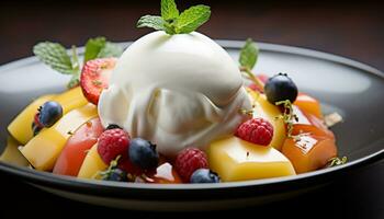 AI generated Freshness and sweetness on a gourmet dessert plate generated by AI photo