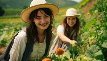 AI generated Two young women smiling in a flower meadow generated by AI photo