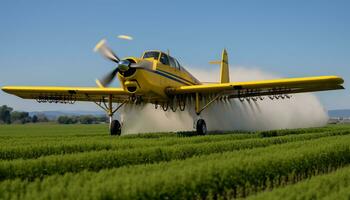 AI generated Flying propeller airplane in blue sky, outdoors generated by AI photo