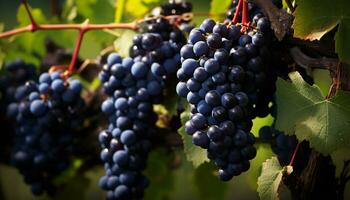 AI generated Ripe grape bunches hang in vineyard, autumn harvest generated by AI photo