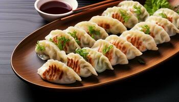 AI generated Steamed Chinese dumplings on wooden plate generated by AI photo