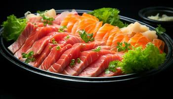AI generated Freshness and gourmet sashimi plate with seafood generated by AI photo