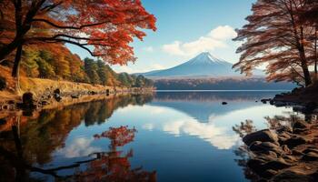 AI generated Autumn mountain landscape, tree reflection in tranquil pond generated by AI photo