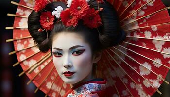 AI generated Beautiful geisha with elegant hairstyle holding a flower generated by AI photo