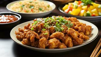 AI generated Grilled chicken with savory sauce, fresh vegetables generated by AI photo