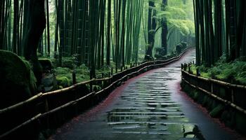 AI generated Tranquil scene of a green forest footpath generated by AI photo