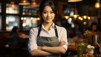 AI generated Smiling barista serving coffee with confidence and pride generated by AI photo