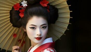 AI generated Beautiful young woman in traditional Japanese clothing generated by AI photo