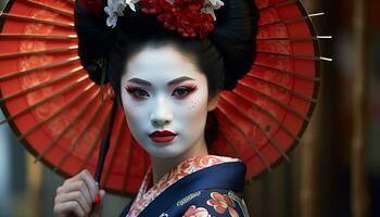 ai generado hermosa joven geisha mirando a cámara, exhibiendo japonés elegancia generado por ai foto