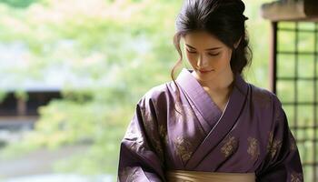 ai generado joven mujer en tradicional japonés yukata, sonriente al aire libre generado por ai foto