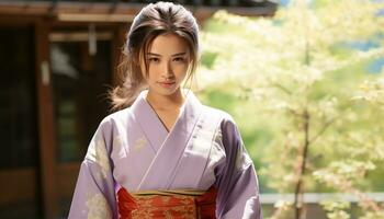 ai generado sonriente joven mujer en tradicional japonés yukata, al aire libre generado por ai foto