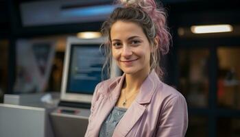 ai generado sonriente mujer en oficina, confidente y contento generado por ai foto