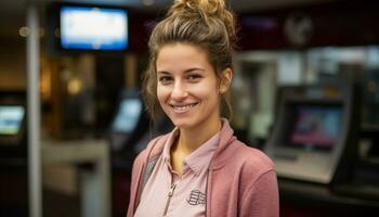 ai generado sonriente mujer, confidente emprendedor, hermosa y enfocado generado por ai foto