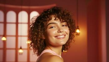 AI generated Smiling young woman with curly hair, indoors generated by AI photo