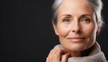 AI generated Smiling senior woman with gray hair, looking confident generated by AI photo