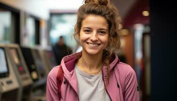 ai generado sonriente joven mujer mirando a cámara con confianza generado por ai foto