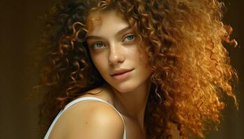 AI generated Beautiful young woman with curly brown hair smiling generated by AI photo