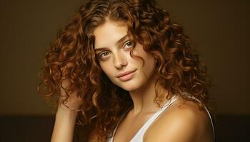 AI generated Beautiful woman with curly brown hair smiling at camera generated by AI photo