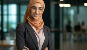 ai generado sonriente mujer de negocios en hijab exuda confianza y éxito generado por ai foto