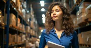 AI generated Young adult businesswoman working in a distribution warehouse generated by AI photo