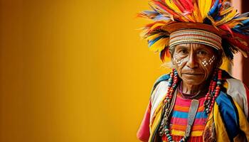 ai generado sonriente indígena hombre en tradicional ropa, mirando a cámara generado por ai foto