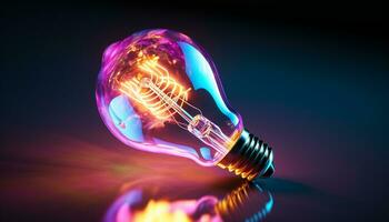 AI generated Glowing light bulb illuminates ideas with electricity generated by AI photo