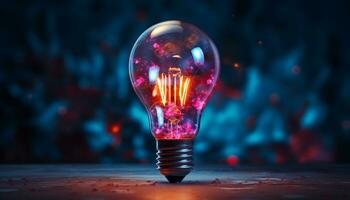 AI generated Bright glowing light bulb igniting ideas in darkness generated by AI photo