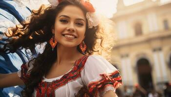 AI generated Smiling young woman in traditional clothing enjoys summer generated by AI photo