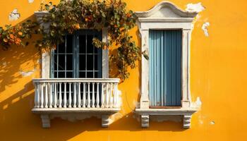 ai generado antiguo edificio exterior con amarillo persianas y balcón generado por ai foto