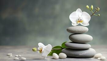 AI generated Stack of pebbles, balancing in harmony, spa relaxation generated by AI photo